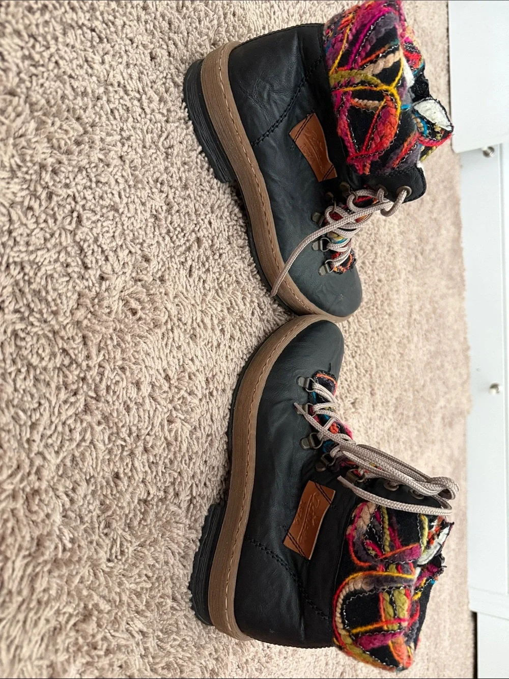 Rieker Black Ankle Boots with Multicolor Knit Collar and Laces